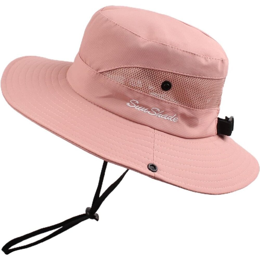 Unisex Pink 100% Polyester Wide Brim Mesh Vent Chin Strap Classic Cowboy Hat